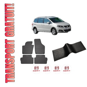 Set 5 covorase auto SEAT ALHAMBRA (710, 711) din 2009-2016, cu covoras tunel median, presuri auto din cauciuc, 4x Stickere auto cu SEAT