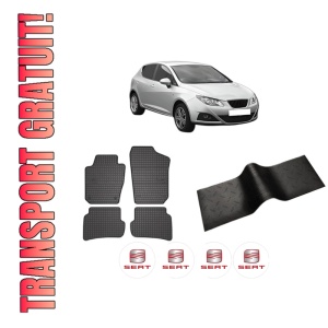 Set 5 covorase auto SEAT IBIZA IV (6J5, 6P1) din 2019-2021, cu covoras tunel median, presuri auto din cauciuc, 4x Stickere auto cu SEAT