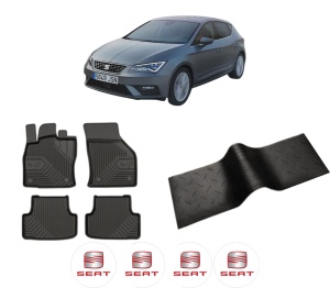 Set 5 covorase auto SEAT LEON Hatchback Van (5F1) din 2012-2018, cu covoras tunel median, presuri auto din cauciuc, 4x Stickere auto cu SEAT - Img 2