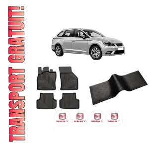 Set 5 covorase auto SEAT LEON ST (5F8) din 2011-2018, cu covoras tunel median, presuri auto din cauciuc, 4x Stickere auto cu SEAT