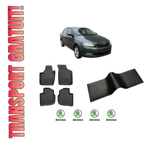 Set 5 covorase auto SKODA RAPID (NH3, NK3, NK6) din 2011-2018, cu covoras tunel median, presuri auto din cauciuc, 4x Stickere auto cu SKODA
