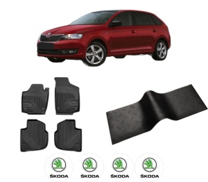Set 5 covorase auto SKODA RAPID Spaceback (NH1) din 2013-2019, cu covoras tunel median, presuri auto din cauciuc, 4x Stickere auto cu SKODA - Img 2