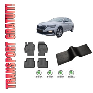 Set 5 covorase auto SKODA SCALA (NW1) din 2009-2015, cu covoras tunel median, presuri auto din cauciuc, 4x Stickere auto cu SKODA