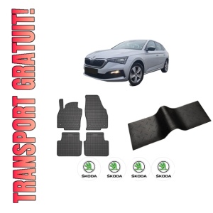 Set 5 covorase auto SKODA SCALA (NW1) din 2009-2015, cu covoras tunel median, presuri auto din cauciuc, 4x Stickere auto cu SKODA