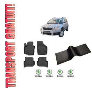 Set 5 covorase auto SKODA YETI (5L) din 2004-2013, cu covoras tunel median, presuri auto din cauciuc, 4x Stickere auto cu SKODA