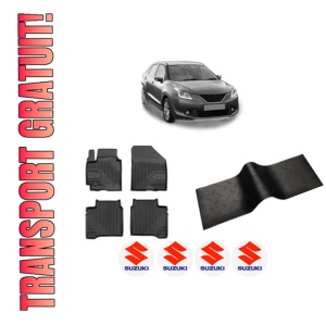 Set 5 covorase auto SUZUKI BALENO (FW, EW) din 2013-2018, cu covoras tunel median, presuri auto din cauciuc, 4x Stickere auto cu SUZUKI