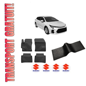 Set 5 covorase auto SUZUKI SWACE (AMZ_) din 2004-2012, cu covoras tunel median, presuri auto din cauciuc, 4x Stickere auto cu SUZUKI