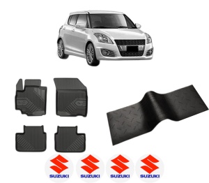 Set 5 covorase auto SUZUKI SWIFT IV (FZ, NZ) din 2009-2015, cu covoras tunel median, presuri auto din cauciuc, 4x Stickere auto cu SUZUKI - Img 2
