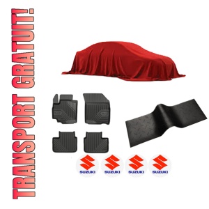 Set 5 covorase auto SUZUKI SX4 Saloon (GY, RW) din 2015-2021, cu covoras tunel median, presuri auto din cauciuc, 4x Stickere auto cu SUZUKI