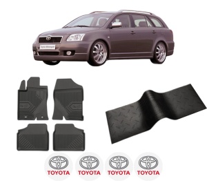 Set 5 covorase auto TOYOTA AVENSIS Estate (_T25_) din 2013-2020, cu covoras tunel median, presuri auto din cauciuc, 4x Stickere auto cu TOYOTA - Img 2