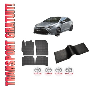 Set 5 covorase auto TOYOTA COROLLA Estate (_E21_) din 2016-2024, cu covoras tunel median, presuri auto din cauciuc, 4x Stickere auto cu TOYOTA