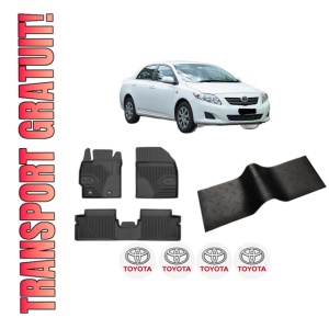 Set 5 covorase auto TOYOTA COROLLA Saloon (_E15_) din 2010-2020, cu covoras tunel median, presuri auto din cauciuc, 4x Stickere auto cu TOYOTA