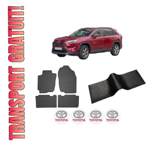 Set 5 covorase auto TOYOTA RAV 4 IV (_A4_) din 2015-2020, cu covoras tunel median, presuri auto din cauciuc, 4x Stickere auto cu TOYOTA