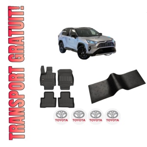 Set 5 covorase auto TOYOTA RAV 4 V VAN (_A5_, _H5_) din 2015-2017, cu covoras tunel median, presuri auto din cauciuc, 4x Stickere auto cu TOYOTA