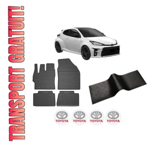 Set 5 covorase auto TOYOTA YARIS (_P21_, _PA1_, _PH1_) din 2007-2018, cu covoras tunel median, presuri auto din cauciuc, 4x Stickere auto cu TOYOTA