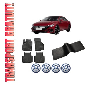 Set 5 covorase auto Volkswagen ARTEON (3H7, 3H8) din 2015-2018, cu covoras tunel median, presuri auto din cauciuc, 4x Stickere auto cu Volkswagen