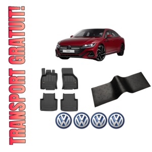 Set 5 covorase auto Volkswagen ARTEON (3H7, 3H8) din 2015-2018, cu covoras tunel median, presuri auto din cauciuc, 4x Stickere auto cu Volkswagen