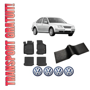 Set 5 covorase auto Volkswagen BORA I (1J2) din 2014-2022, cu covoras tunel median, presuri auto din cauciuc, 4x Stickere auto cu Volkswagen