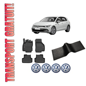 Set 5 covorase auto Volkswagen GOLF VIII (CD1, DA1) din 2007-2015, cu covoras tunel median, presuri auto din cauciuc, 4x Stickere auto cu Volkswagen