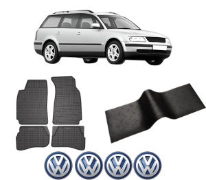 Set 5 covorase auto Volkswagen PASSAT B5 Variant (3B5) din 2019-2020, cu covoras tunel median, presuri auto din cauciuc, 4x Stickere auto cu Volkswagen - Img 2