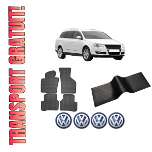 Set 5 covorase auto Volkswagen PASSAT B6 Variant (3C5) din 2016-2021, cu covoras tunel median, presuri auto din cauciuc, 4x Stickere auto cu Volkswagen