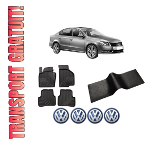 Set 5 covorase auto Volkswagen PASSAT B7 (362) din 2020-2024, cu covoras tunel median, presuri auto din cauciuc, 4x Stickere auto cu Volkswagen