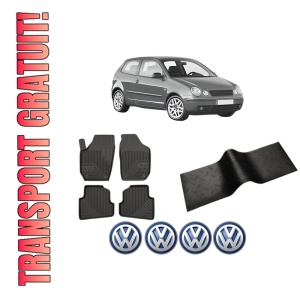Set 5 covorase auto Volkswagen POLO IV (9N_, 9A_) din 2009-2015, cu covoras tunel median, presuri auto din cauciuc, 4x Stickere auto cu Volkswagen