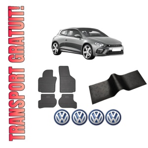 Set 5 covorase auto Volkswagen SCIROCCO III (137, 138) din 2016-2024, cu covoras tunel median, presuri auto din cauciuc, 4x Stickere auto cu Volkswagen