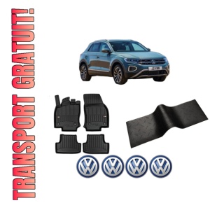 Set 5 covorase auto Volkswagen T-ROC (A11, D11) din 2010-2015, cu covoras tunel median, presuri auto din cauciuc, 4x Stickere auto cu Volkswagen