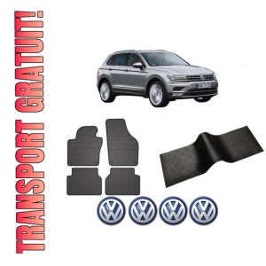 Set 5 covorase auto Volkswagen TIGUAN SUV Van (AD1) din 2012-2015, cu covoras tunel median, presuri auto din cauciuc, 4x Stickere auto cu Volkswagen