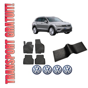 Set 5 covorase auto Volkswagen TIGUAN SUV Van (AD1) din 2012-2015, cu covoras tunel median, presuri auto din cauciuc, 4x Stickere auto cu Volkswagen