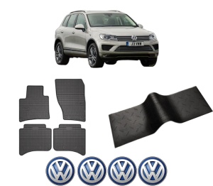 Set 5 covorase auto Volkswagen TOUAREG (7P5, 7P6) din 2013-2020, cu covoras tunel median, presuri auto din cauciuc, 4x Stickere auto cu Volkswagen - Img 2