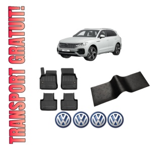 Set 5 covorase auto Volkswagen TOUAREG (CR7, RC8) din 2013-2020, cu covoras tunel median, presuri auto din cauciuc, 4x Stickere auto cu Volkswagen