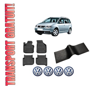 Set 5 covorase auto Volkswagen TOURAN (1T1, 1T2) din 2015-2018, cu covoras tunel median, presuri auto din cauciuc, 4x Stickere auto cu Volkswagen