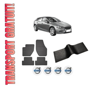 Set 5 covorase auto VOLVO V40 Hatchback (525) din 2006-2013, cu covoras tunel median, presuri auto din cauciuc, 4x Stickere auto cu VOLVO
