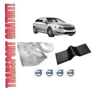 Set 5 covorase auto VOLVO V60 I (155) din 2012-2021, cu covoras tunel median, presuri auto din cauciuc, 4x Stickere auto cu VOLVO