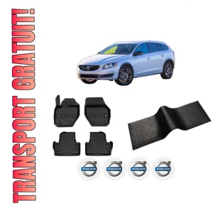 Set 5 covorase auto VOLVO V60 I Cross Country (157) din 2017-2022, cu covoras tunel median, presuri auto din cauciuc, 4x Stickere auto cu VOLVO