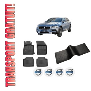 Set 5 covorase auto VOLVO V90 II Cross Country (236) din 2006-2014, cu covoras tunel median, presuri auto din cauciuc, 4x Stickere auto cu VOLVO