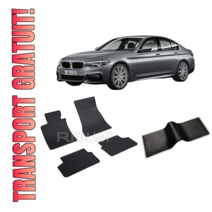 Set 5 covorase BMW SERIA 5 G30 PHEV din 03.2017-PREZENT, cu covoras tunel median, CAROSERIE SEDAN, Presuri cauciuc 100%, compatibil cu autoturismul BMW SERIA 5 G30 PHEV, Rigum