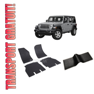 Set 5 covorase JEEP WRANGLER din 05.2018-PREZENT, cu covoras tunel median, CAROSERIE SUV 5 USI, Presuri cauciuc 100%, compatibil cu autoturismul JEEP WRANGLER, Rigum