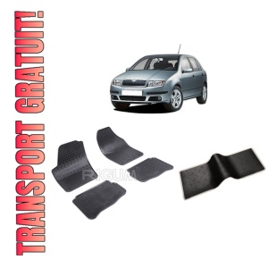 Set 5 covorase SKODA FABIA I din 2000-2007, cu covoras tunel median, CAROSERIE SEDAN, Presuri cauciuc 100%, compatibil cu autoturismul SKODA FABIA I, Rigum