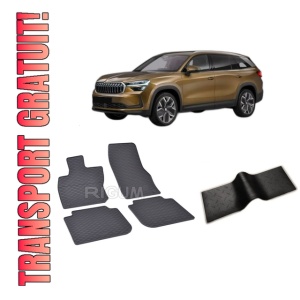 Set 5 covorase SKODA KODIAQ FACELIFT II din 12.2023-PREZENT, cu covoras tunel median, CAROSERIE SUV, Presuri cauciuc 100%, compatibil cu autoturismul SKODA KODIAQ FACELIFT II, Rigum