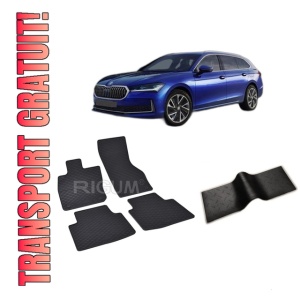 Set 5 covorase SKODA SUPERB IV din 12.2023-PREZENT, cu covoras tunel median, CAROSERIE COMBI, Presuri cauciuc 100%, compatibil cu autoturismul SKODA SUPERB IV, Rigum