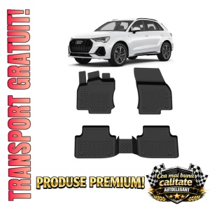 Set covorase Audi Q3 din 2018 - 2025, covorase presuri tavita auto, cu tunel median intermediar din cauciuc thermoplastic, 4 Stickere auto cu Audi