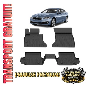 Set covorase BMW Seria 5 F10 Facelift din 2013 - 2017, covorase presuri tavita auto, cu tunel median intermediar din cauciuc thermoplastic, 4 Stickere auto cu BMW