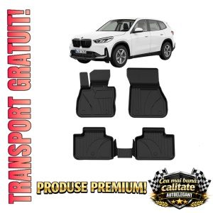 Set covorase BMW X1 F48 din 2015-2022, covorase presuri tavita auto, cu tunel median intermediar din cauciuc thermoplastic, 4 Stickere auto cu BMW