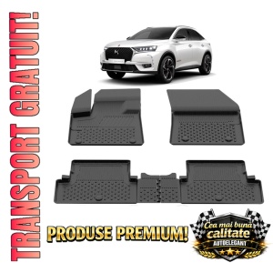 Set covorase DS 7 Crossback din 2017, covorase presuri tavita auto, cu tunel median intermediar din cauciuc thermoplastic, 4 Stickere auto cu DS