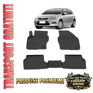 Set covorase Ford Focus II din 2005 - 2011, covorase presuri tavita auto, cu tunel median intermediar din cauciuc thermoplastic, 4 Stickere auto cu Ford