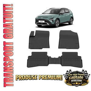 Set covorase Hyundai Bayon din 2021, covorase presuri tavita auto, cu tunel median intermediar din cauciuc thermoplastic, 4 Stickere auto cu Hyundai