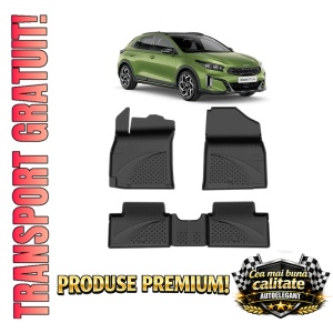 Set covorase KIA Xceed din 2019, covorase presuri tavita auto, cu tunel median intermediar din cauciuc thermoplastic, 4 Stickere auto cu KIA
